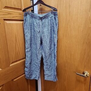 L.L Bean Women Linen Straight Leg Pants Elastic Drawstring Waist Gray/White S-16